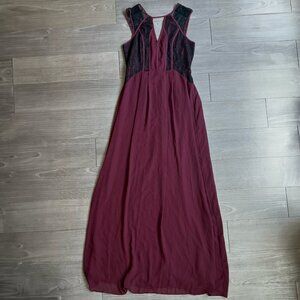 NWT BCBGeneration Burgundy Chiffon Maxi Dress Black Lace Gown Formal Size 6